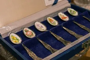Ornate spoons with flowers painted on them. They're in a blue velvet case. There are labels for the flowers at the base of it.