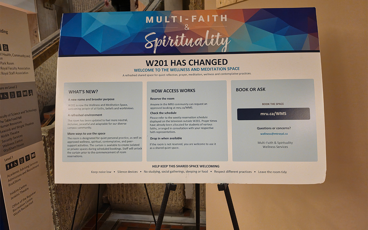 MRU's sings outside the Multi-faith space stating the uses for the room