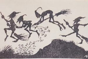 A black and white drawing with no background showing the silhouettes of four tiny, long-nosed and pointy hat wearing male fairies. Each fairy is in profile, floating just above the grassy ground riding flowers and broomsticks, and they each appear to be having lots of fun. This artwork was inspired by the Irish fairy tale Guleesh, written by author Douglas Hyde and dating back to the year 1891.