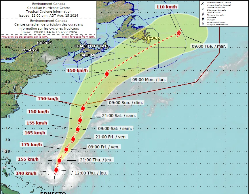 Update Ernesto expected to track south of N.S., approaching N.L