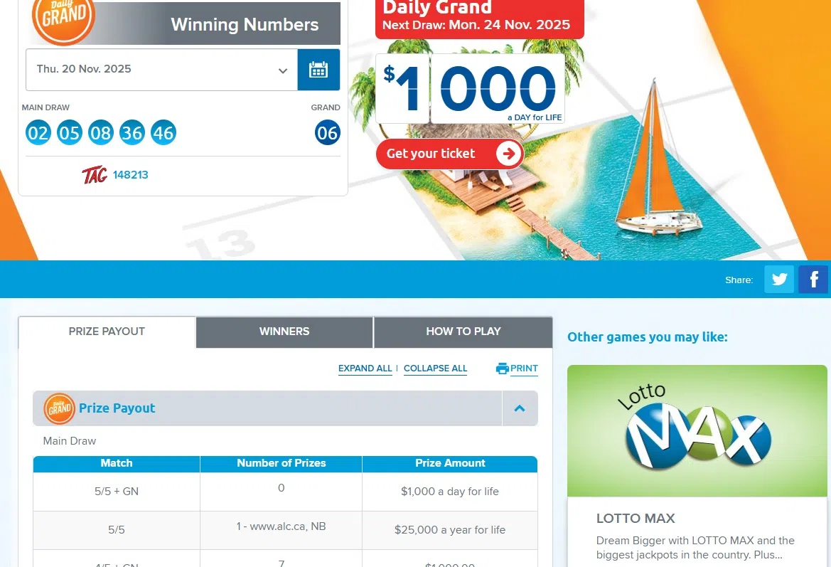 Winning Daily Grand lottery ticket in N.B.