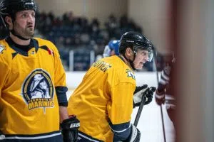 NHL Legend Duane Sutter played for Team Gold, former Montreal Canadien Brian Skrudland suited up for Team Blue (LFB87 Photos)