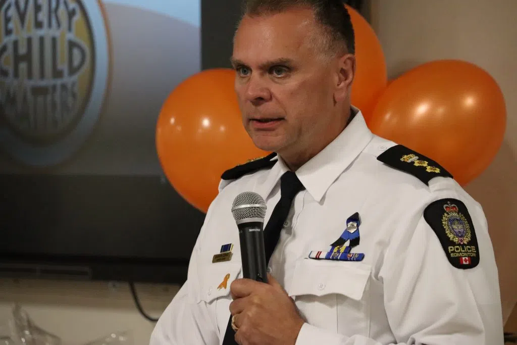 EPS Deputy Chief Darren Derko speaking at the ‘Hand in Hand – A Step Towards Reconciliation’ at Boyle Street Community Services (Photo Credits – Daniel Barker-Tremblay)