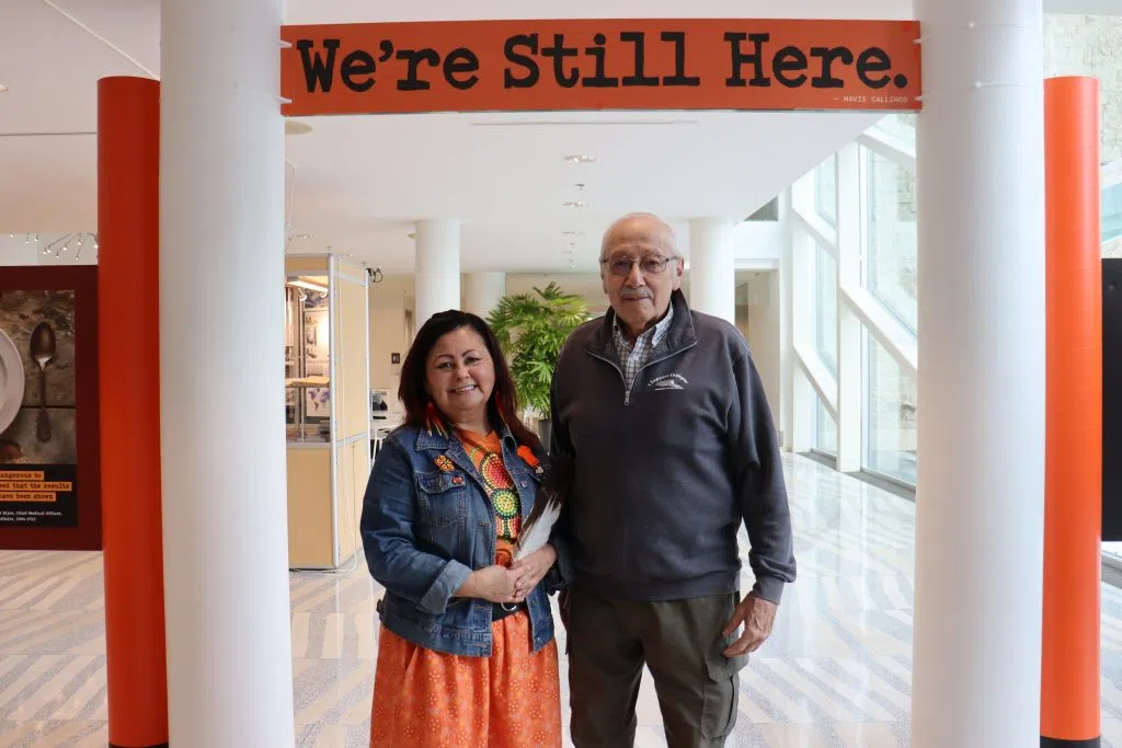 Maureen Callihoo Ligtvoet (Left) and Gill Goerz at the ‘Hear Our Voices’ Exhibit in City Hall (Photo Credits – Daniel Barker-Tremblay)