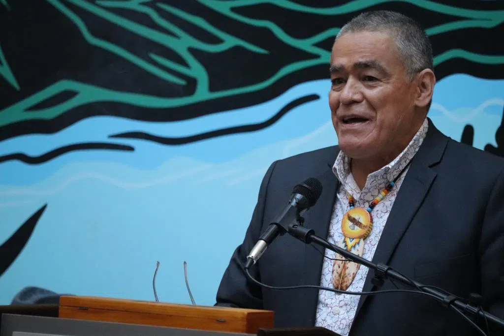 Lewis Cardinal, Co-lead of the UNCEDED Exhibit speaking at the grand opening announcement in Edmonton City Centre (Photo Credits – Daniel Barker-Tremblay)