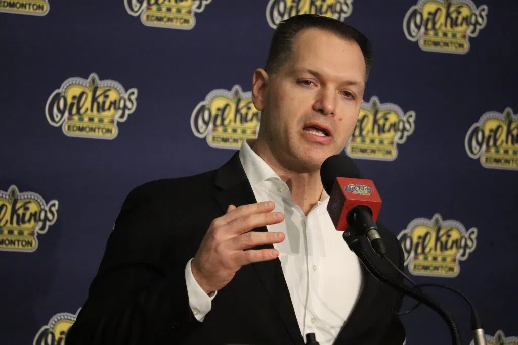 Kevin Radomski, the Edmonton Oil Kings’ Director of Business Operations speaking at the Teddy Bear Toss Jersey unveiling event (Photo Credits – Daniel Barker-Tremblay)