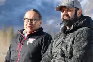 Chiniki First Nation Chief Aaron Young (Left) and Simpcw First Nation Chief George Lampreau sitting together in Jasper for Treaty reawakening