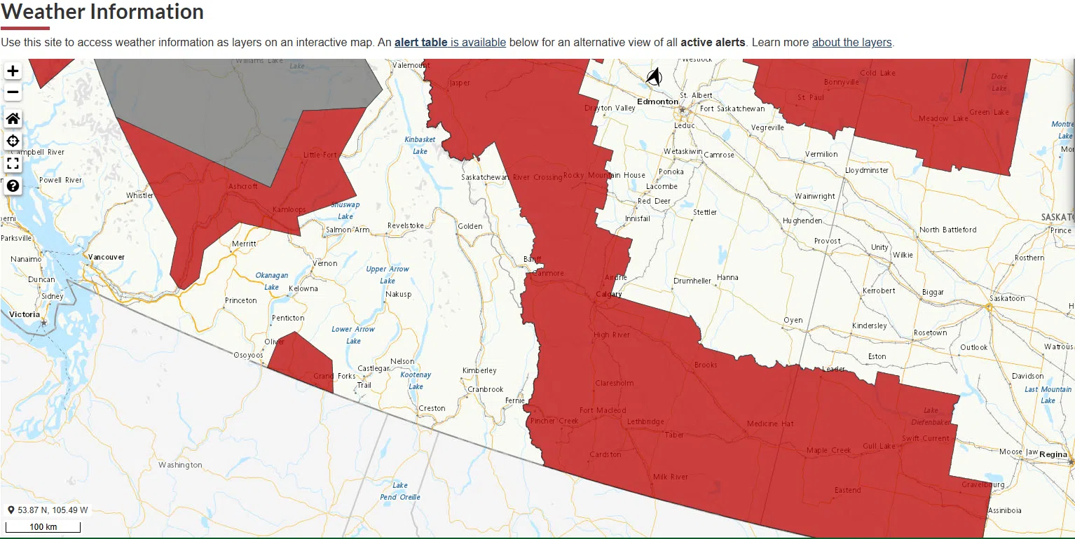 Map of Air Quality Warnings across Southern Alberta, screenshot taken from weather.gc.ca