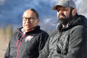Chiniki First Nation Chief Aaron Young (Left) and Simpcw First Nation Chief George Lampreau (Right) in Jasper for reawaking the harvest Treaty (Photo Credits - Daniel Barker-Tremblay)
