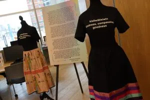 Ribbon Skirts on display inside Kihêw Waciston at MacEwan University (Photo Credits - Daniel Barker-Tremblay)