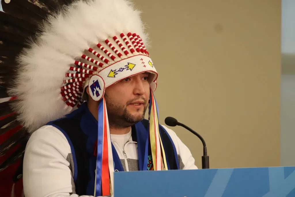 Grand Chief of Treaty Six Cody Thomas speaking at the announcement for support for vulnerable people in Edmonton (Photo Credits - Daniel Barker-Tremblay) 