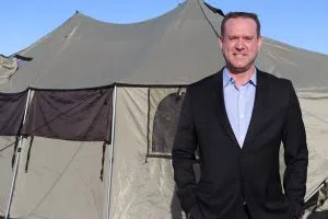 Spruce Grove Mayor Jeff Acker in front of the Firefighters tent for Rooftop Campout (Photo Credits - Daniel Barker-Tremblay)