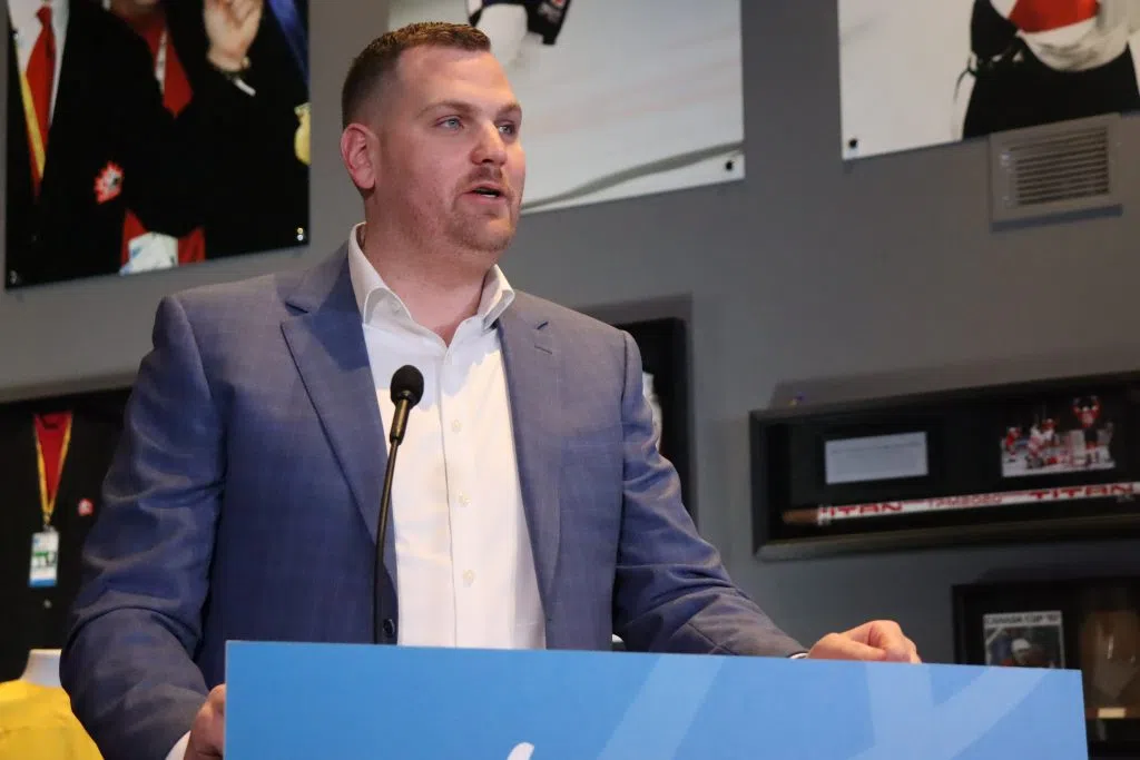 Minister of Tourism and Sport Joseph Schow speaking inside Rogers Place (Photo Credits - Daniel Barker-Tremblay)