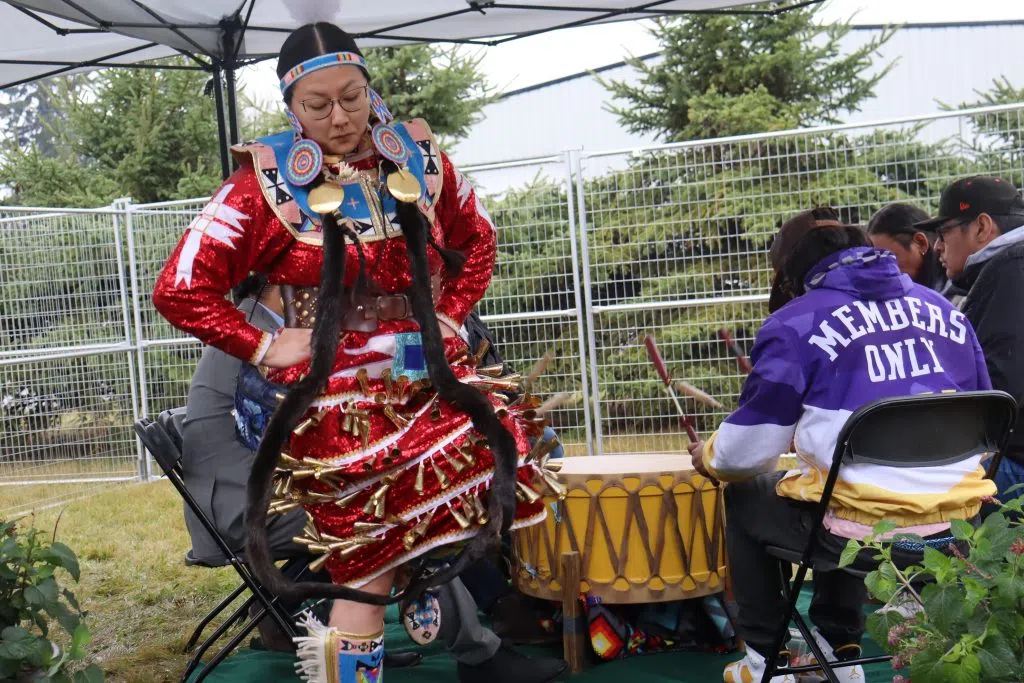 Traditional Jingle Dress Dancer performing at the Bonnyville Friendship Centre Announcement (Photo Credits - Daniel Barker-Tremblay)