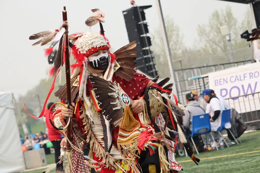 Heart Lake First Nation Dancer Carson Monias dancing in the Grand Entry at the 40th Annual Ben Calf Traditional Pow Wow (Photo Credits - Daniel Barker- Tremblay)