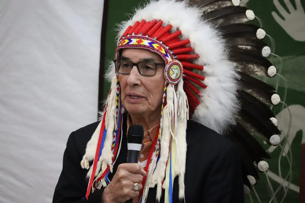 International Chief of Treaties 6,7 and 8 Willie Littlechild speaking at the Treaty Six Flag Raising Ceremony in Wetaskiwin Hospital and Care Centre (Photo Credits - Daniel Barker-Tremblay)