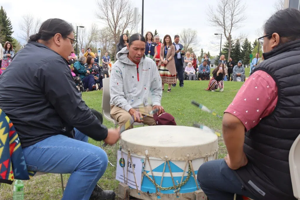 Traditional Drum group performing at the flag raising ceremony in Wetaskiwin Hospital and Care Centre (Photo Credits - Daniel Barker-Tremblay)