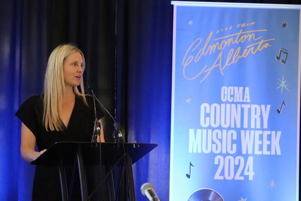 Amy Jeninga, President of the CCMA's speaking at the Kickoff event inside Rogers Place (Photo Credits - Daniel Barker-Tremblay)