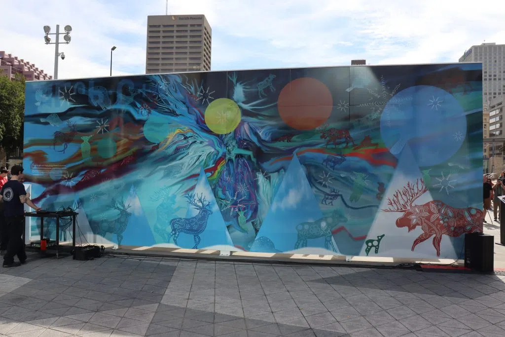 Crystal Lee Clark's Artwork displayed in the Edmonton Sign in Churchill Square (Photo Credits - Daniel Barker-Tremblay)
