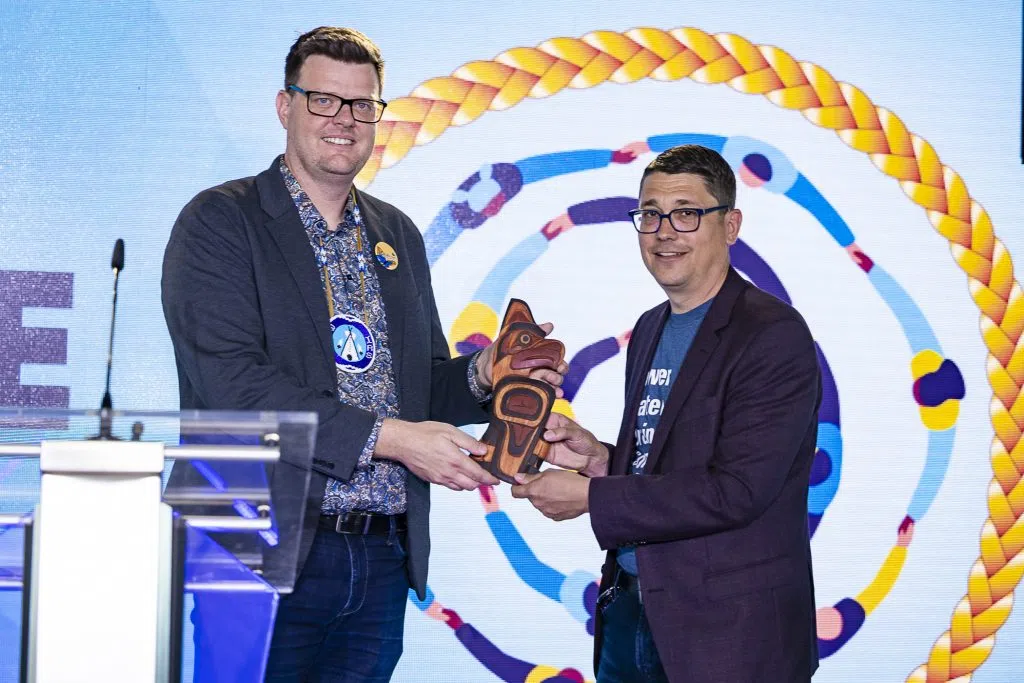 Jordan Reiniger, Executive Director, Boyle Street Community Services and John Elford, EPCOR President & CEO announced the start of the Build With Boyle Legacy Campaign on Aug. 21, 2024. Photo credit: Avonlea Photography