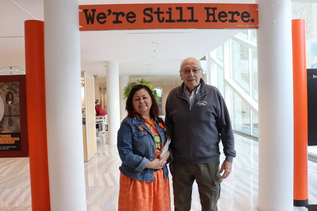 Maureen Callihoo Ligtvoet (Left) and Gill Gorez at the 'Hear Our Voices' Exhibit in City Hall (Photo Credits - Daniel Barker-Tremblay)