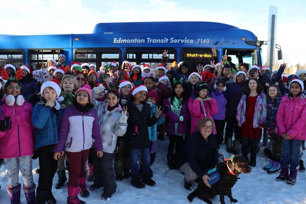 Marion Ramsey, Principal at the Richard Secord School with the Students at the Stuff A Bus event (Photo Credits - Daniel Barker-Tremblay)