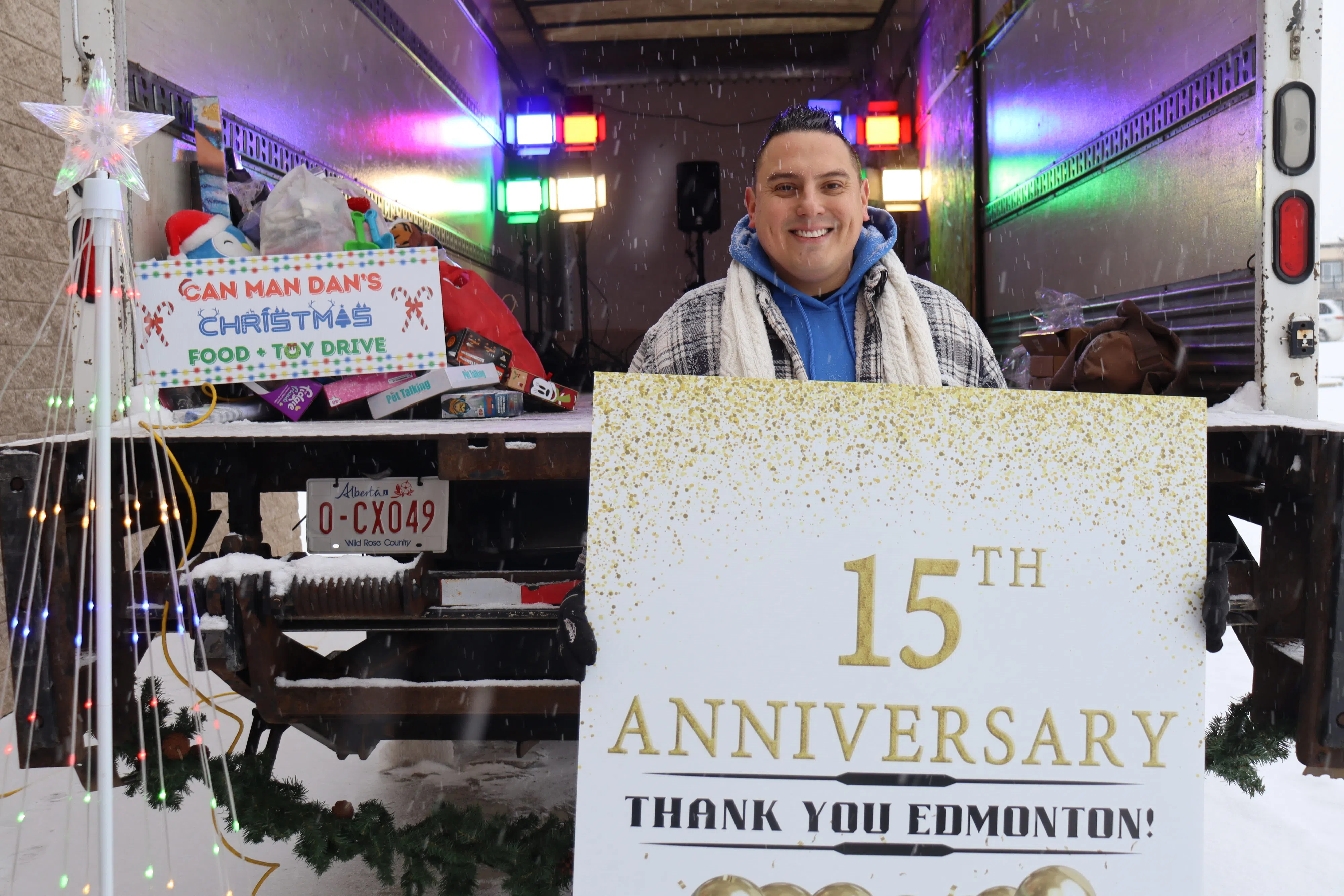 Daniel 'Can Man Dan' Johnstone outside of his boxtruck to campout for food and toy donations at Toys R Us (Photo Credits - Daniel Barker-Tremblay)