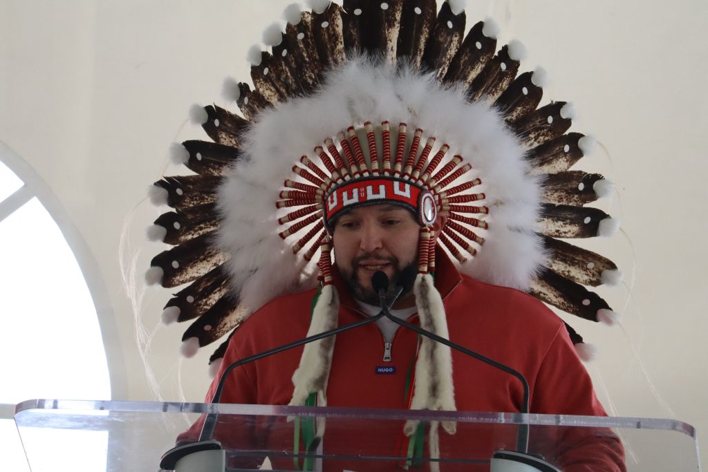 Enoch Cree Nation Chief Cody Thomas speaking at the groundbreaking event of construction on 166 new homes in Enoch. (Photo Credits - Daniel Barker-Tremblay)