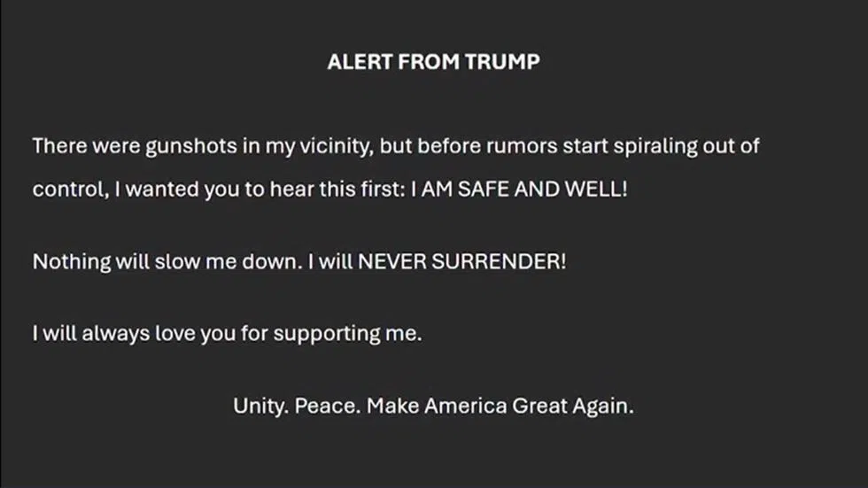 Former President Donald Trump said in a fundraising email that he is "safe and well" following...