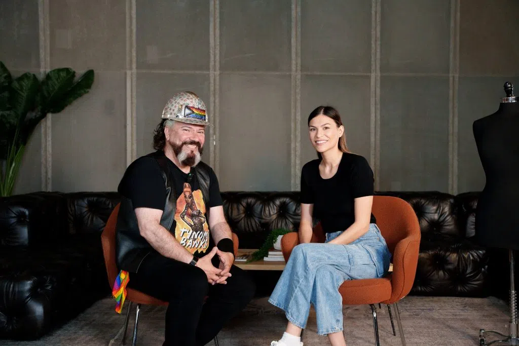 Michel Dumont (left speaks with Michaella Montana on the set of Behind the Seams about sustainable fashion. (photo supplied)