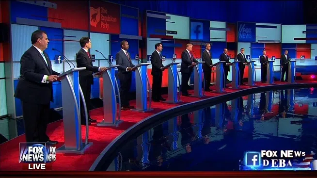 Participants line the stage in the Quicken Loans Arena at the first GOP debate of the 2016 season hosted by Fox News, Thursday, August 6, 2015.