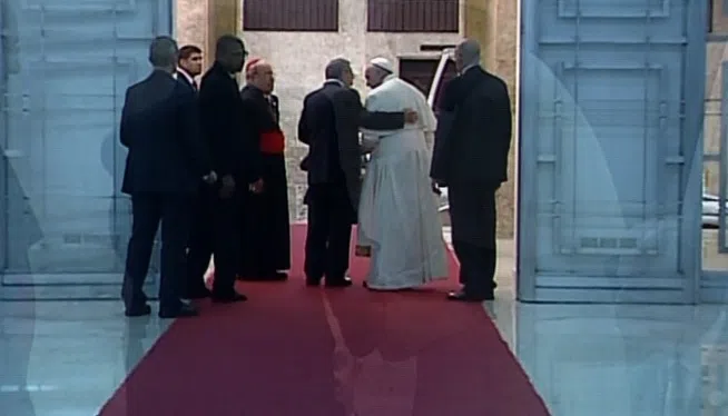 The Pope and Cuban President meet at the Palace of the Revolution Sunday in Havana.