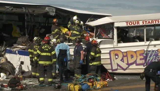 Four people are dead and 9 injured in a Seattle Ride the Ducks tour boat that collided with a bus on Thursday, Sept. 24, 2015, according to Seattle Fire Department tweet. **Embargo Seattle, WA**