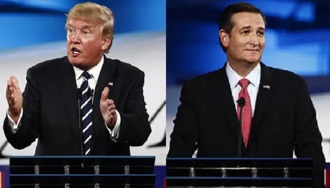Donald Trump (left) and Ted Cruz (right) appear on stage at the CNN Republican Presidential Debate in Simi Valley, California on September 16, 2015.