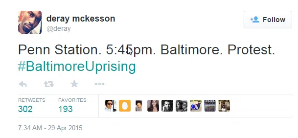 2015-05-27 14_21_29-deray mckesson on Twitter_ _Penn Station. 5_45pm. Baltimore. Protest. #Baltimore