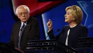 Bernie Sanders and Hillary Clinton at the CNN Democratic Debate at the Wynn Hotel in Las Vegas, Tuesday, October 13, 2015.
