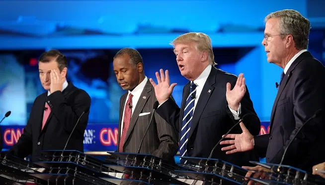 Donald Trump said Thursday, Sept. 17, 2015, that Jeb Bush should have leaned on him harder to apologize to Columba, Bush's wife. The former Florida governor pressed Trump to say he was sorry in one of the most personal exchanges from CNN's Republican presidential debate, but he let the real estate developer off the hook. FILE -- Donald Trump spars with Jeb Bush at the CNN Republican Presidential Debate in Simi Valley, Califonia on Sept. 16, 2015.