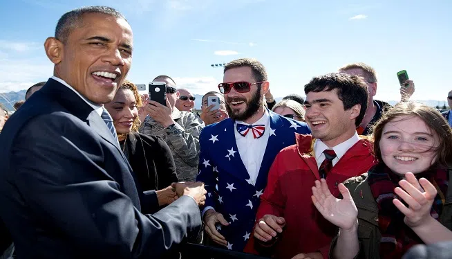 With a patriotic greeter upon arrival in Anchorage.