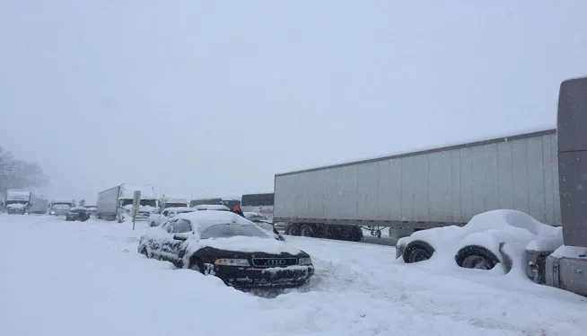 Corporal Brian Milore with the Pennsylvania State Police estimates about five miles of backlog of disabled motorists along the Pennsylvania Turnpike. A stretch of westbound highway from the Breezewood Interchange to New Stanton, more than 90 miles, has been closed down and a detour set in order to keep more vehicles from piling in, according to Milore. The Pennsylvania National Guard was notified and are mobilizing as of earlier this morning and all available state troopers are on the scene to help with the stranded motorists, Milore said. A larger stretch of the Pennsylvania Turnpike was closed across the state to commercial vehicle transport this morning at 7a, Milore said. 17-year-old Claire Jackson has been stranded on a coach bus on the turnpike since 8p Friday night in an absolute standstill, she said. She said her bus was about half an hour out from Breezewood, Penn., last night when they stopped and they have started back up since. I just see cars. All their hazard lights are blinking, she said. Jackson is on a coach bus with about 50 students, heading from Washington, DC back home to Kansas City, Missouri. Jackson says she and the rest of the group have enough food and water but is worried that the toilet is beginning to fill up. The bus is running on diesel, Jackson said, with no fear of the gas and heat tapping out. Basically, waking up and seeing I was in the same place as I was hours ago was just gross, Jackson tweeted.