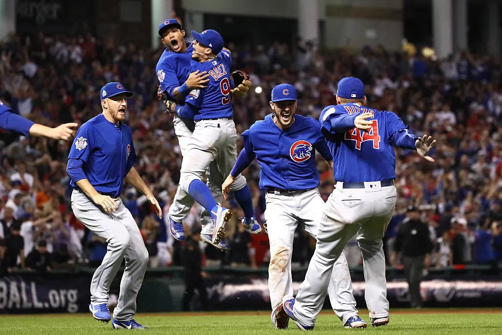 CLEVELAND, OH - NOVEMBER 02: The Chicago Cubs celebrate after winning 8-7 in Game Seven of the 2016 World Series at Progressive Field on November 2, 2016 in Cleveland, Ohio. (Photo by Ezra Shaw/Getty Images)