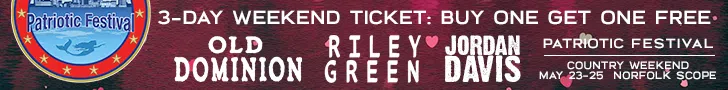 The image is a promotional banner for the "Grunt Style Patriotic Festival: Country Weekend" event, taking place on May 23–25 at the Norfolk Scope. The festival features performances by country music artists Old Dominion, Riley Green, Jordan Davis, Tyler Hubbard, Kassi Ashton, Ernest, Anne Wilson, Chase Matthew, and Dasha. The background has a pink and red gradient with hearts scattered, emphasizing the Valentine's Day theme. A special ticket offer is highlighted: "Valentine's Limited Ticket Offer – 3-Day Weekend Ticket: Buy One Get One Free."