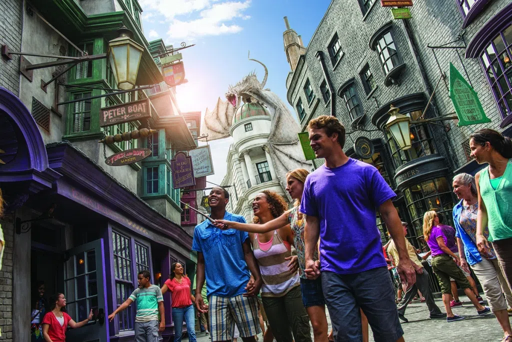 Advertising Wizarding World of Harry Potter Diagon Alley WWoHP DA at Universal Studios Florida USF Exteriors of Diagon Alley store fronts daytime images looking towards brick wall