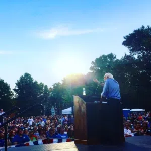 Democratic presidential candidate Bernie Sanders speaks to more than 2,000 people in Cedar Rapids earlier this month. (photo by Sarah Beckman)
