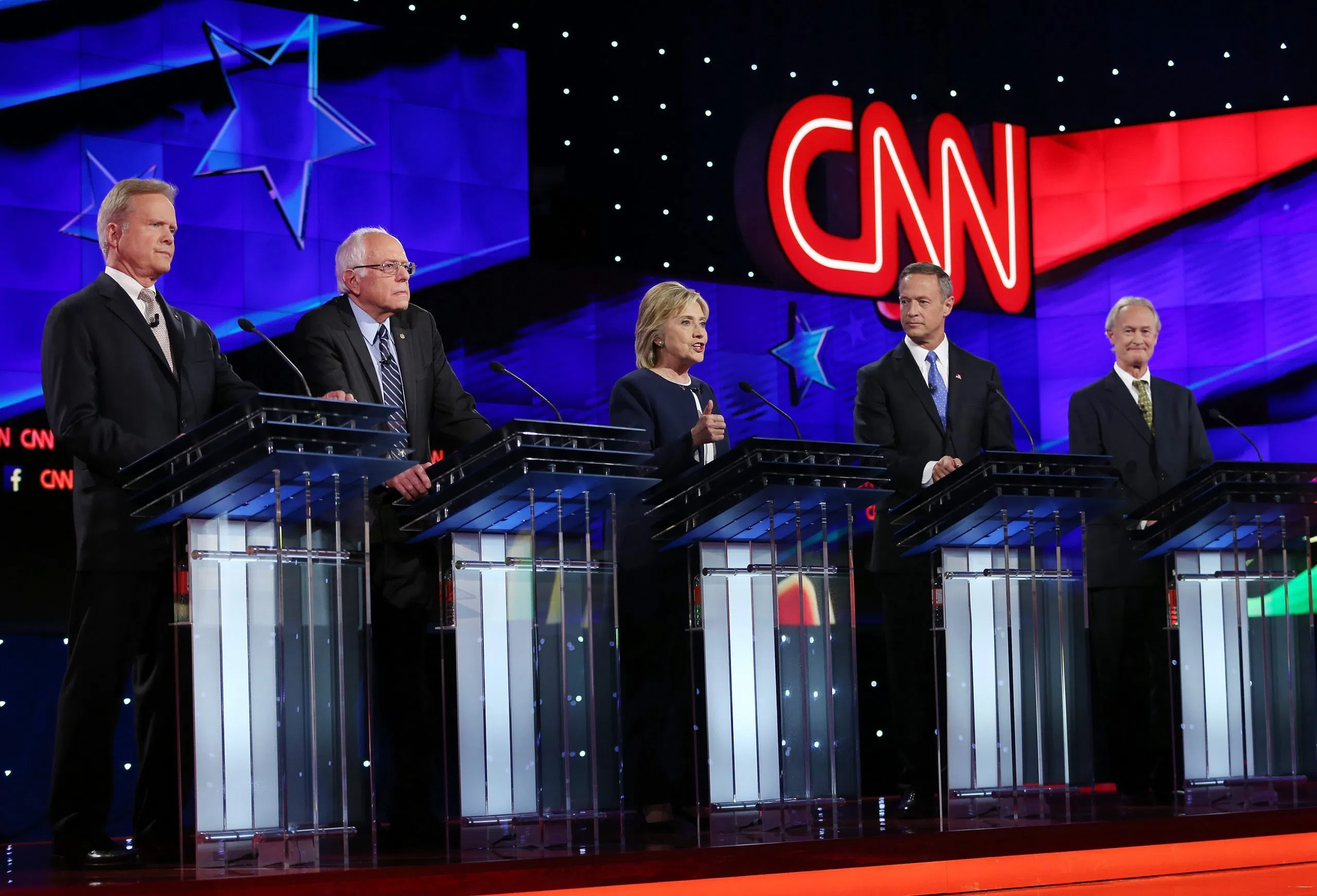takes part in a presidential debate sponsored by CNN and Facebook at Wynn Las Vegas on October 13, 2015 in Las Vegas, Nevada. Five Democratic presidential candidates are participating in the party's first presidential debate.