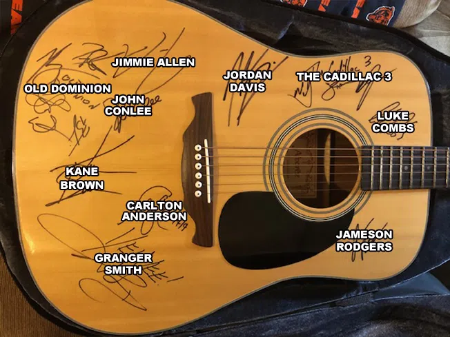 Guitar autographed by Luke Combs, Old Dominion, Kane Brown, Jimmie Allen, John Conlee, Jordan Davis, The Cadillac 3, Carlton Anderson, Granger Smith and Jameson Rodgers.