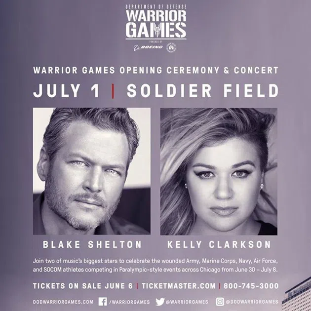 Blake Shelton and Kelly Clarkson playing Soldier Field July 1st concert poster