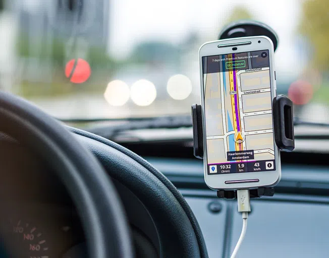 A cell phone mounted in a car with GOS app running
