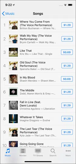 iTunes chart (Photo credit: iTunes app via iPhone)