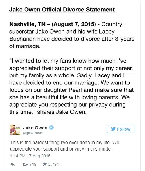 Jake Owen Divorce Announcement