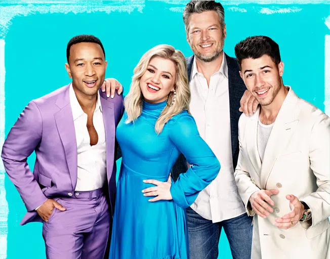 (L-R) John Legend, Kelly Clarkson, Blake Shelton and Nick Jonas